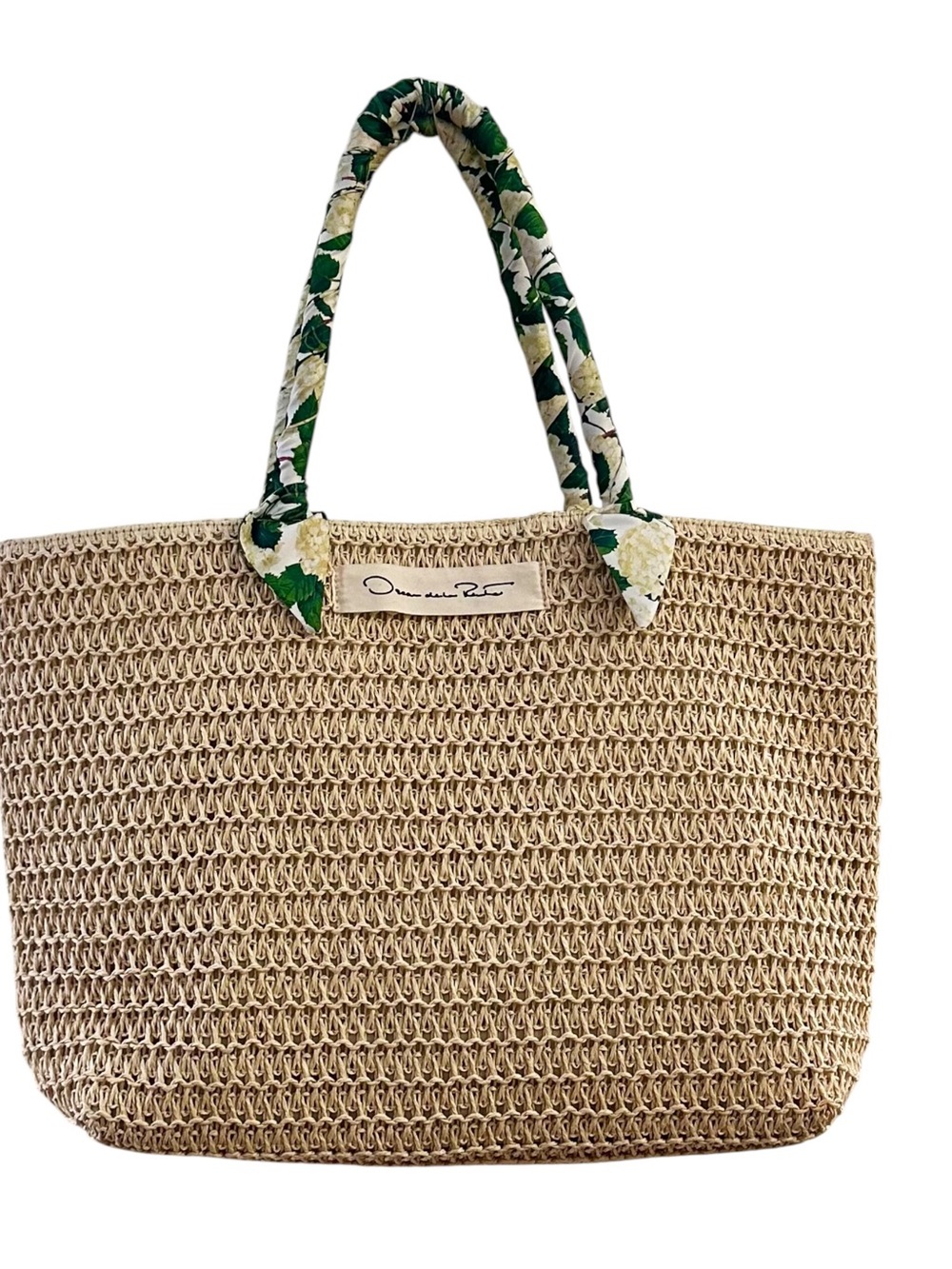 Oscar de la Renta Scarf Handle Straw Tote Shopper Beach Bag Vacation Resort